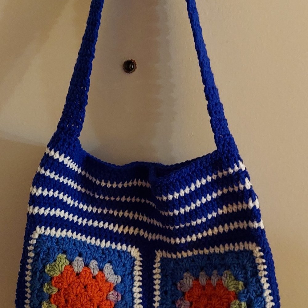Blue Granny Stripe - hand crocheted tote, 14 inches wide, 11 inches deep